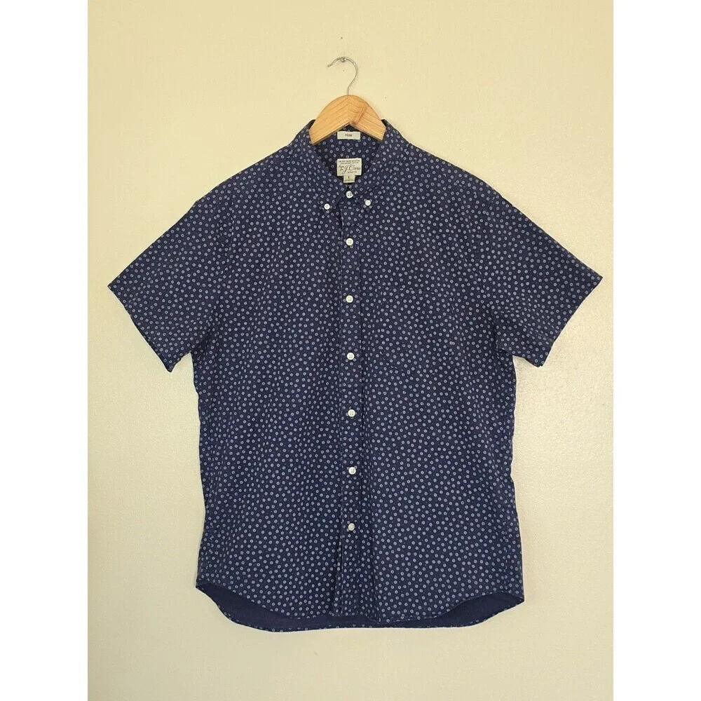J.Crew Mens Large Slim Secret Wash Shirt Blue Floral Organic Cotton Stretch